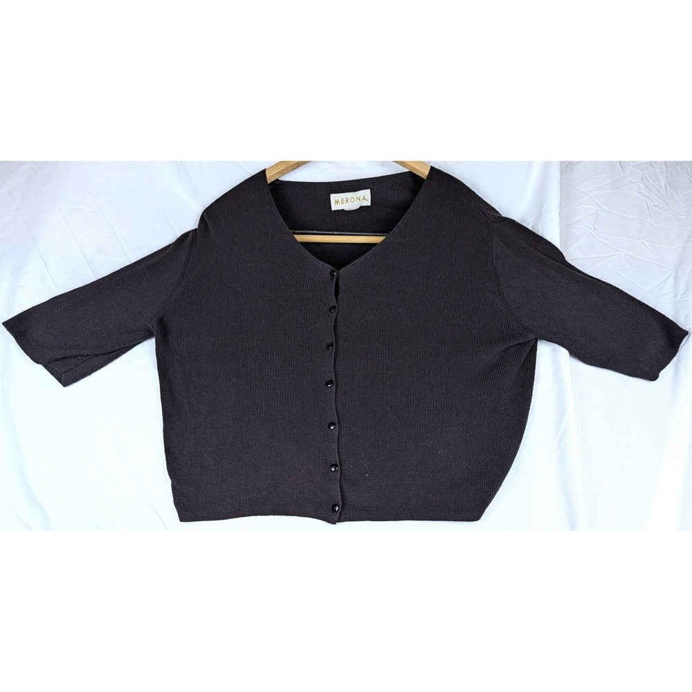Merona Womens Off Black Ribbed Button Front V-Neck Cardigan Sweater Elbow Sleeve